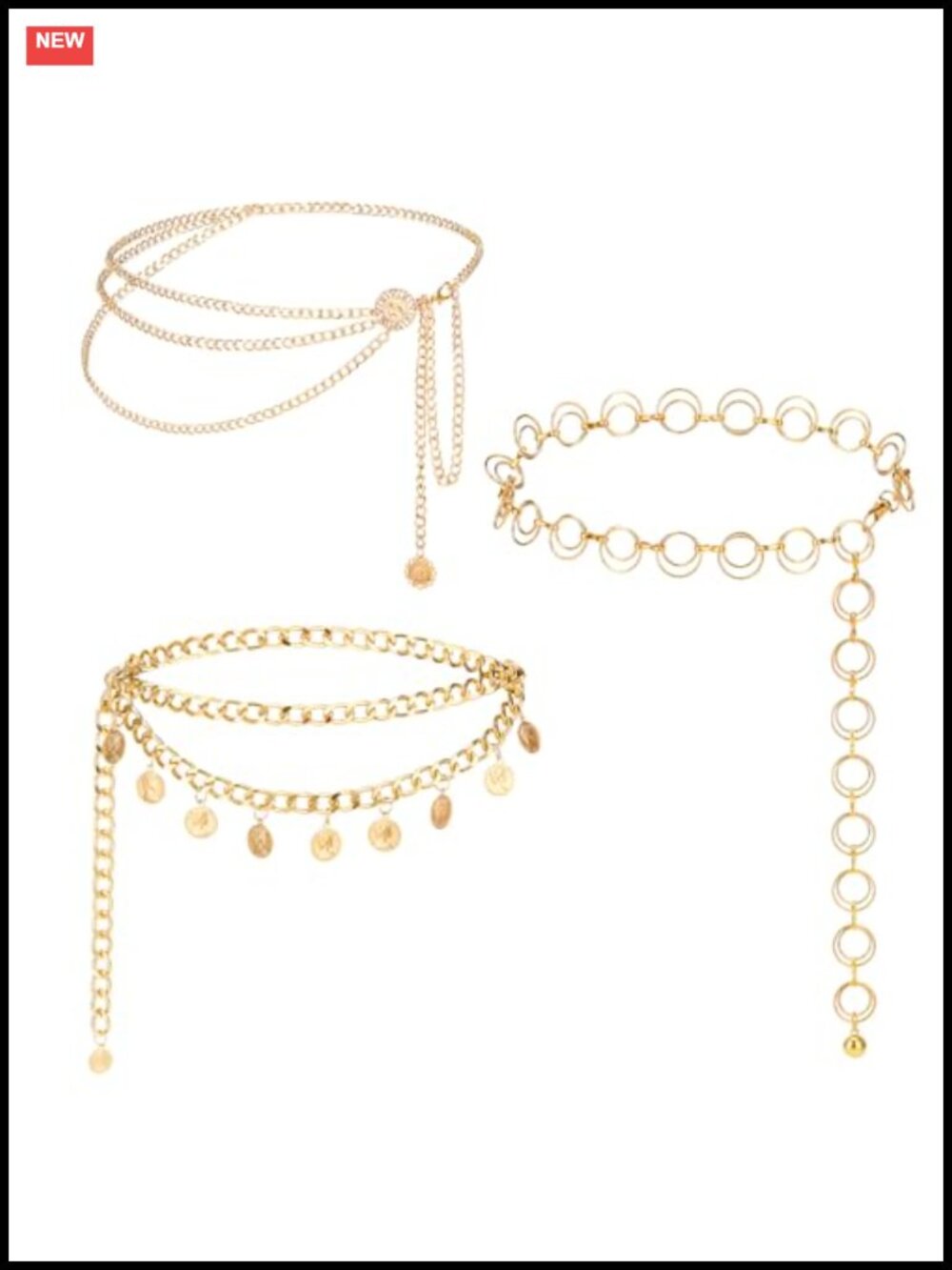 3 Pc Layered Waist Chain Belt for Women Boho Festival Gold Metal